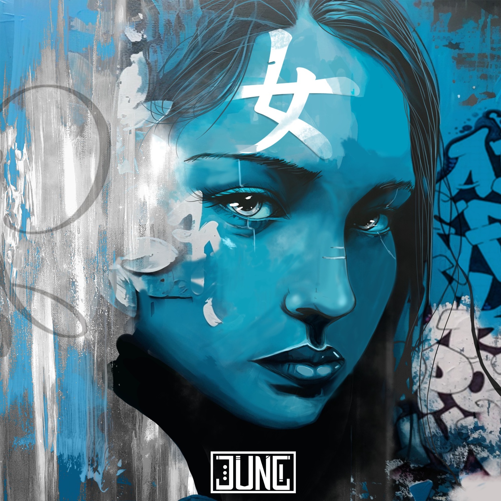 A digital portrait by June1one, combining a human face with cybernetic details